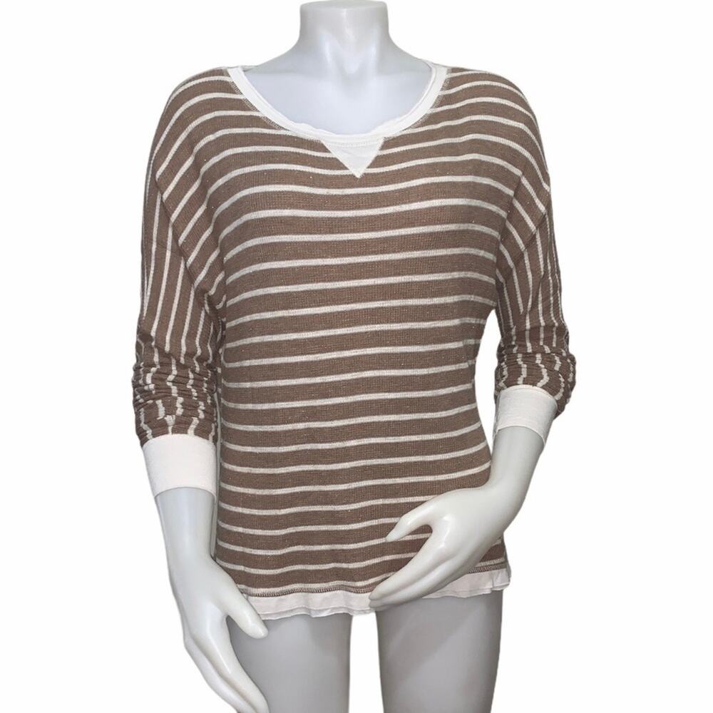 TART Ivory & Dark Tan Waffle Knit Long Sleeve Striped Thermal Top M Made in USA